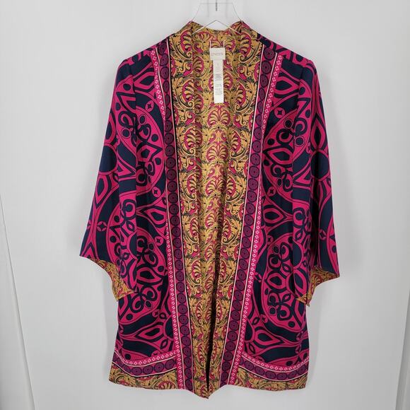 Chico's Reversible Kimono Womens Medium Pink Blue Gold Mixed Print Open Front - Picture 8 of 14
